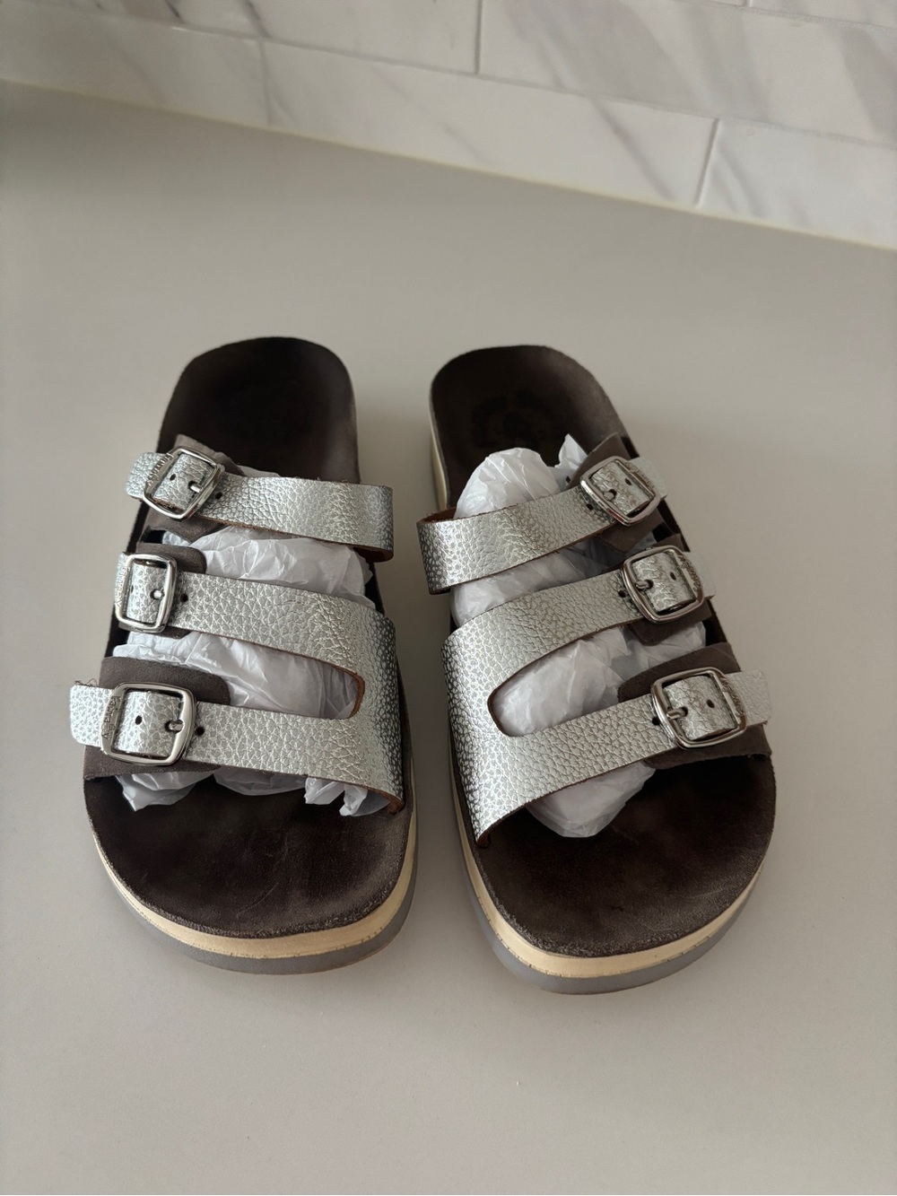 Triple Strap Metallic tSilver Slide Sandals - purchased in Santorini Greece.